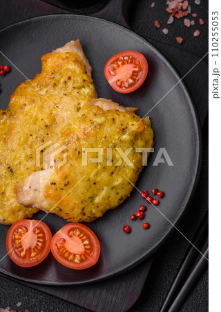 Delicious meat fried with Dijon mustard with salt, spices and herbs 110255053