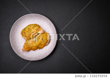 Delicious meat fried with Dijon mustard with salt, spices and herbs Delicious meat fried with Dijon mustard with salt, spices and herbs 110255058