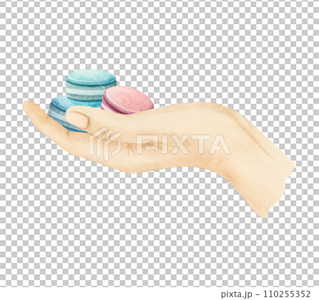 Woman hand holding a bunch of teal pastel blue French macarons dessert watercolor illustration isolated on white for bakery sweet food designs 110255352