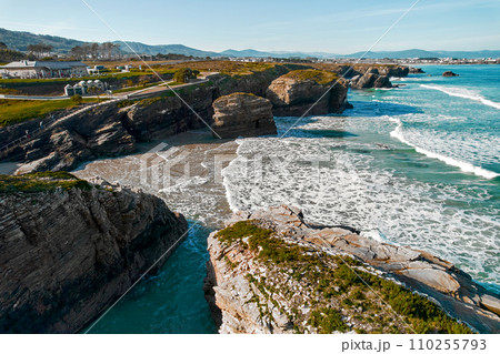 Aerial view to the Beach of the Cathedrals. Europe, Northern Spain 110255793