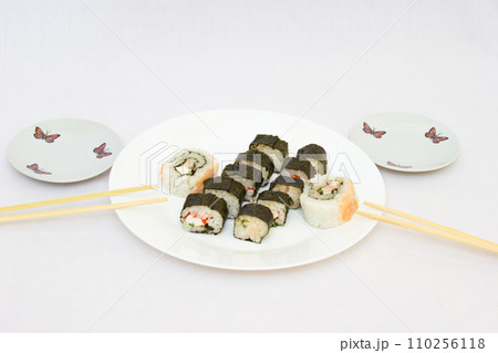 Japanese cuisine, rice sushi and fish - closeup 110256118
