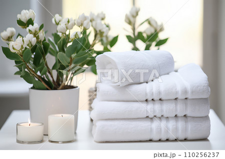 AI-generated content. A stack of clean cotton towels on a table in the bathroom. White terry towels 110256237
