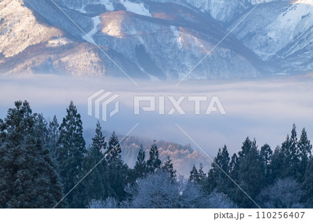 《長野県》雪景色の北アルプスの夜明け・冬の白馬村青鬼集落の眺望 《長野県》雪景色の北アルプスの夜明け・冬の白馬村青鬼集落の眺望 110256407