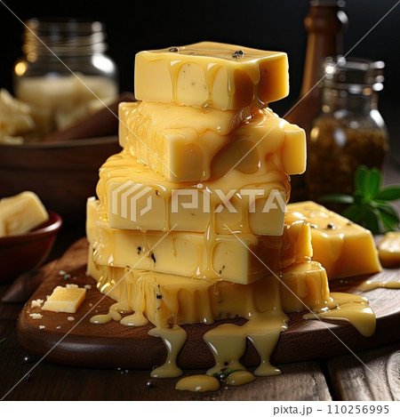 AI-generated content. Cheese mix on wooden plate still-life. Ai Generative. 110256995