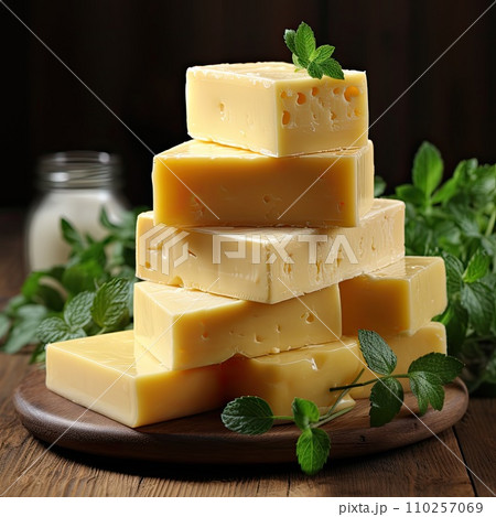 AI-generated content. Cheese mix on wooden plate still-life. Ai Generative. 110257069