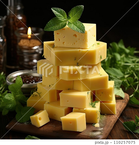 AI-generated content. Cheese mix on wooden plate still-life. Ai Generative. 110257075