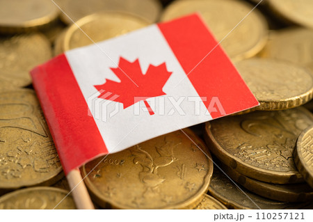Canada flag on coins money, finance and accounting, banking concept. 110257121