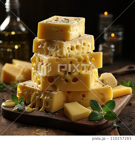 AI-generated content. Cheese mix on wooden plate still-life. Ai Generative. 110257265