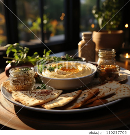 AI-generated content. Hummus in a wooden plate with parsley and croutons. Dishes of chickpeas, a vegetarian dish. Ai Generative. 110257706