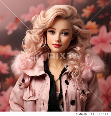 AI-generated content. bright portrait of a blonde with curls in pink on a pink background. Ai Generative. 110257743