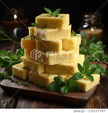 AI-generated content. Cheese mix on wooden plate still-life. Ai Generative. 110257747