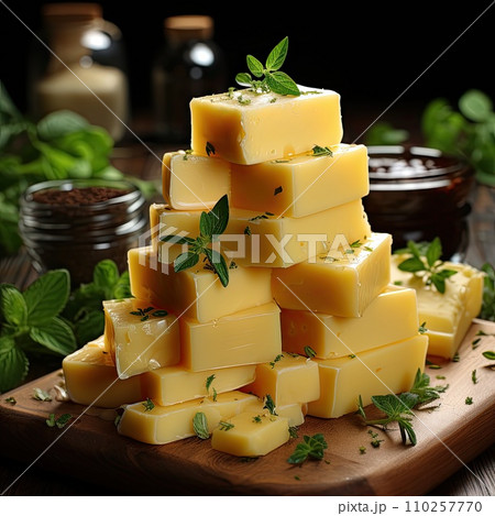 AI-generated content. Cheese mix on wooden plate still-life. Ai Generative. 110257770