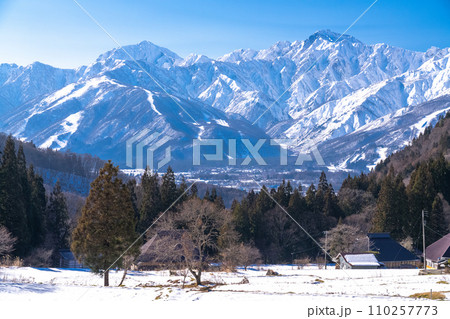 《長野県》雪景色の北アルプス・冬の白馬村青鬼集落の眺望 110257773