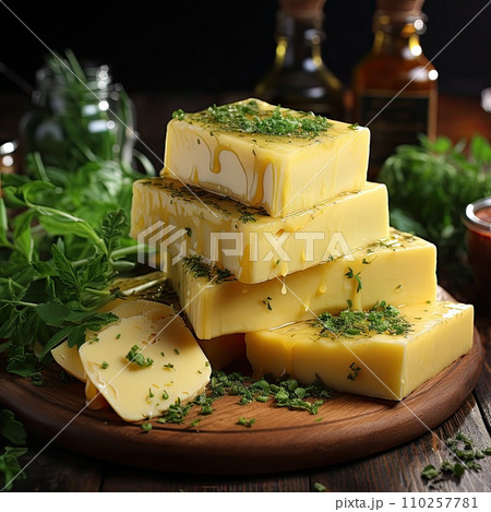 AI-generated content. Cheese mix on wooden plate still-life. Ai Generative. 110257781