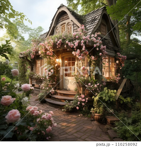 AI-generated content. Backyard oasis with private garden and beautiful landscape. AI Generative. 110258092