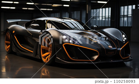AI-generated content. Futuristic Sports Car On Neon Highway. Powerful acceleration of a supercar on a night track with colorful lights and trails. AI Generative. 110258093
