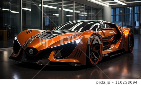 AI-generated content. Futuristic Sports Car On Neon Highway. Powerful acceleration of a supercar on a night track with colorful lights and trails. AI Generative. 110258094