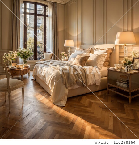 Classic Style design bedroom with wooden parquet floors. 110258164