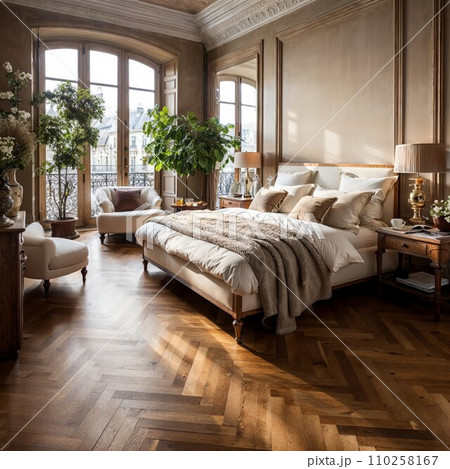 Classic Style design bedroom with wooden parquet floors. 110258167