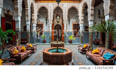 Vibrant interior of a traditional Marrakech riad, showcasing ornate tile work, richly colored fabrics, and a central courtyard with a tranquil fountain Vibrant interior of a traditional Marrakech riad, showcasing ornate tile work, richly colored fabrics, and a central courtyard with a tranquil fountain 110258199