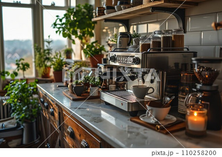 Sleek and modern minimalist home coffee bar setup, featuring a clean-lined espresso machine, a simple grinder, and a few elegantly displayed coffee accessories on a pristine white countertop Sleek and modern minimalist home coffee bar setup, featuring a clean-lined espresso machine, a simple grinder, and a few elegantly displayed coffee accessories on a pristine white countertop 110258200