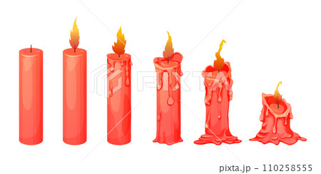 Set red wax candle stages burning with fire, flame in cartoon style isolated on white background. Animation objects 110258555
