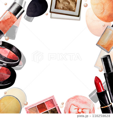 Square frame of Makeup. White background. Watercolor. Beige Cosmetics elements for banner or text. 110258628