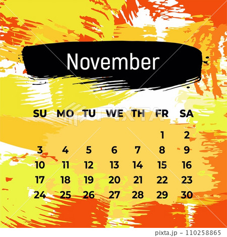 Page for november 2024 year. Square calendar planner for a month. Orange background. Design template for layout 110258865