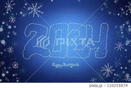 Happy new year 2024 Blue background with white snowflakes. Holiday greeting card. For postcards, banner and poster. 110258874