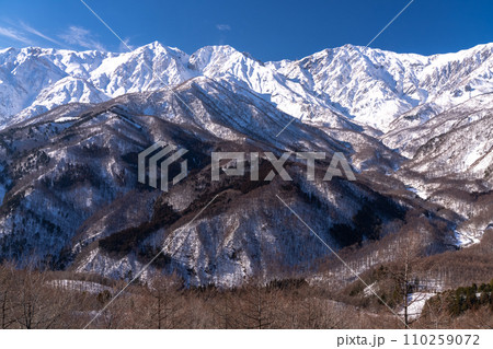 《長野県》雪景色の北アルプス・冬の白馬村 110259072