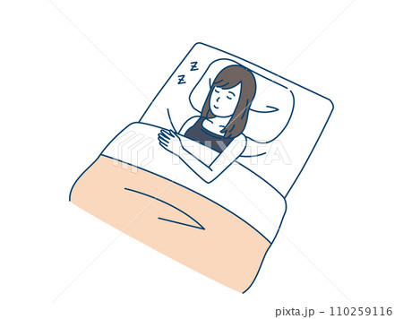 就寝、布団で寝る若い女性のイラスト 110259116