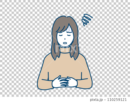 Symptoms of abdominal pain and menstrual pain: Illustration of a young woman holding her stomach Symptoms of abdominal pain and menstrual pain: Illustration of a young woman holding her stomach 110259121