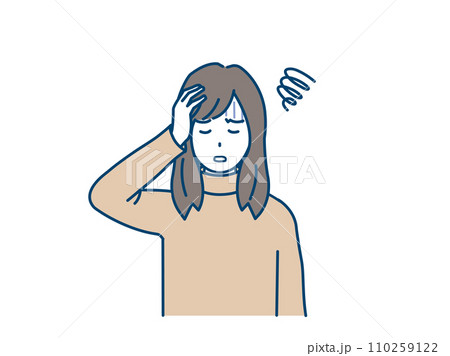 頭痛や貧血の症状 頭をおさえる若い女性のイラスト 頭痛や貧血の症状 頭をおさえる若い女性のイラスト 110259122