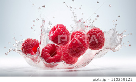 Fresh and delicious red raspberry fruits and water splashing isolated on white background, close up shot. Generative AI Fresh and delicious red raspberry fruits and water splashing isolated on white background, close up shot. Generative AI 110259123
