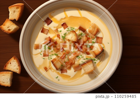 Cream soup with garlic croutons 110259485