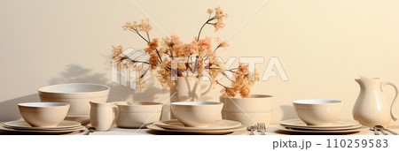 Table setting with flowers and decor in light colors 110259583