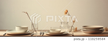 Table setting with flowers and decor in light colors 110259584