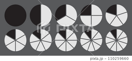 Circle divided into 1-10 parts icon set.  Full circle segment diagram in 1-10 parts graph icon pie shape section chart in black and white color. Circle divided in ten parts infographics. 110259660