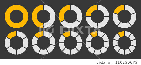 Hollow circle divided into 1-10 parts icon set. Hollow circle segment diagram in 1-10 parts graph icon pie shape section chart in yellow-white color. Hollow circle divided in ten parts infographics. 110259675