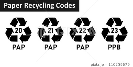 Paper recycling code icon set. Paper cardboard boxes recycling codes 20, 21, 22, 23 for industrial and factory uses. Triangluar mobius strip pap recycling symbols isolated on white background. Paper recycling code icon set. Paper cardboard boxes recycling codes 20, 21, 22, 23 for industrial and factory uses. Triangluar mobius strip pap recycling symbols isolated on white background. 110259679
