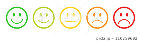 Rating emojis set in different colors outline. Feedback emoticons collection. Very happy, happy, neutral, sad and very sad emojis. Flat icon set of rating and feedback emojis icons color outline. 110259692