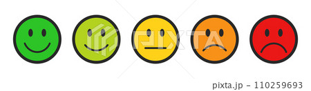 Rating emojis set in different colors with black outline. Feedback emoticons collection. Very happy, happy, neutral, sad and very sad emojis. Flat icon set of rating and feedback emojis icons. 110259693