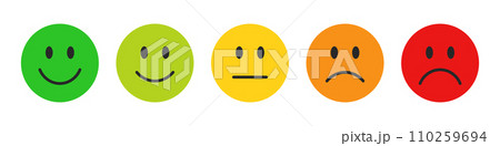 Rating emojis set in different colors. Feedback emoticons collection. Very happy, happy, neutral, sad and very sad emojis. Flat icon set of rating and feedback emojis icons in various colors. Rating emojis set in different colors. Feedback emoticons collection. Very happy, happy, neutral, sad and very sad emojis. Flat icon set of rating and feedback emojis icons in various colors. 110259694