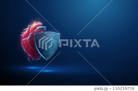 Abstract red human heart behind the blue futuristic guard shield. Heart healthcare medical concept. Low poly style 110259726