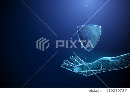 Abstract blue giving hand with 3d guard shield. Medicine protection, cyber security and insurance concept Low poly style 110259727