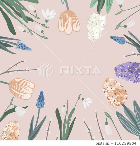 Square frame with various spring flowers and space for text. Floral background, doodle hand drawn style. Trendy modern vector illustration isolated on beige Square frame with various spring flowers and space for text. Floral background, doodle hand drawn style. Trendy modern vector illustration isolated on beige 110259804
