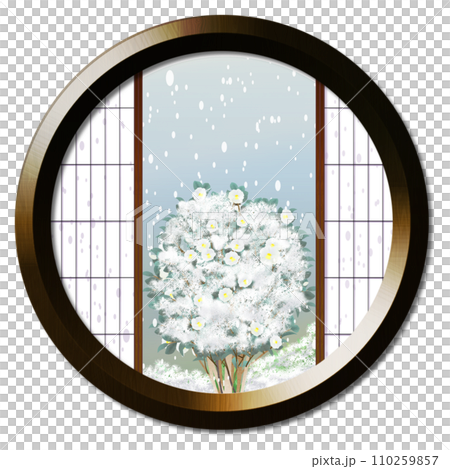 Snow-covered white camellias visible from the round window Snow-covered white camellias visible from the round window 110259857