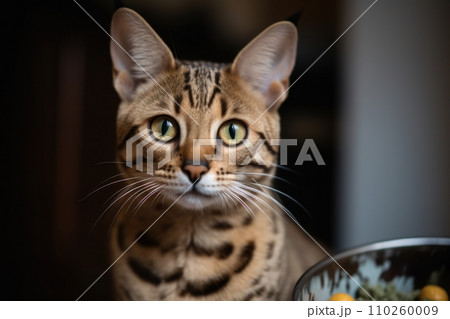 AI-generated content. Portrait of a cute cat looking away. Savannah cat breed 110260009