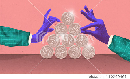 Contemporary art collage. two people, businessmen, carefully placing coins on top of each other to form pyramid. Financial literacy. Grainy fabric effect. 110260461