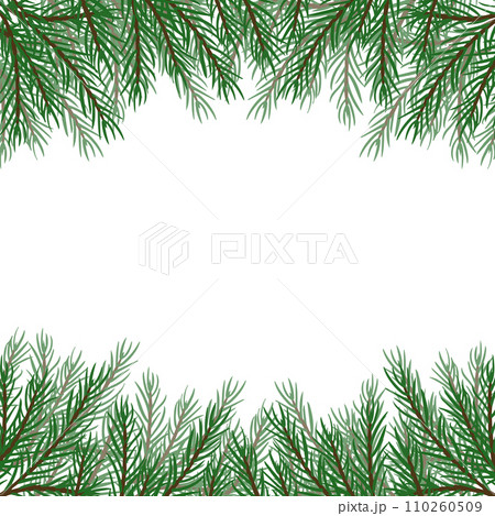 Border of pine and fir branches for design of postcard or banner, sign. Modern design for holiday invitation card, poster, banner, greeting card, postcard, packaging, print. Vector illustration. Border of pine and fir branches for design of postcard or banner, sign. Modern design for holiday invitation card, poster, banner, greeting card, postcard, packaging, print. Vector illustration. 110260509